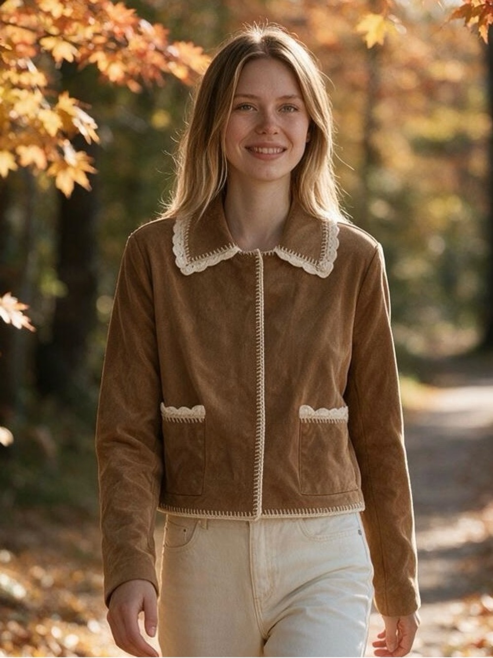 Classic Brown Faux Suede Crochet-Trim Jacket size medium Fall-core